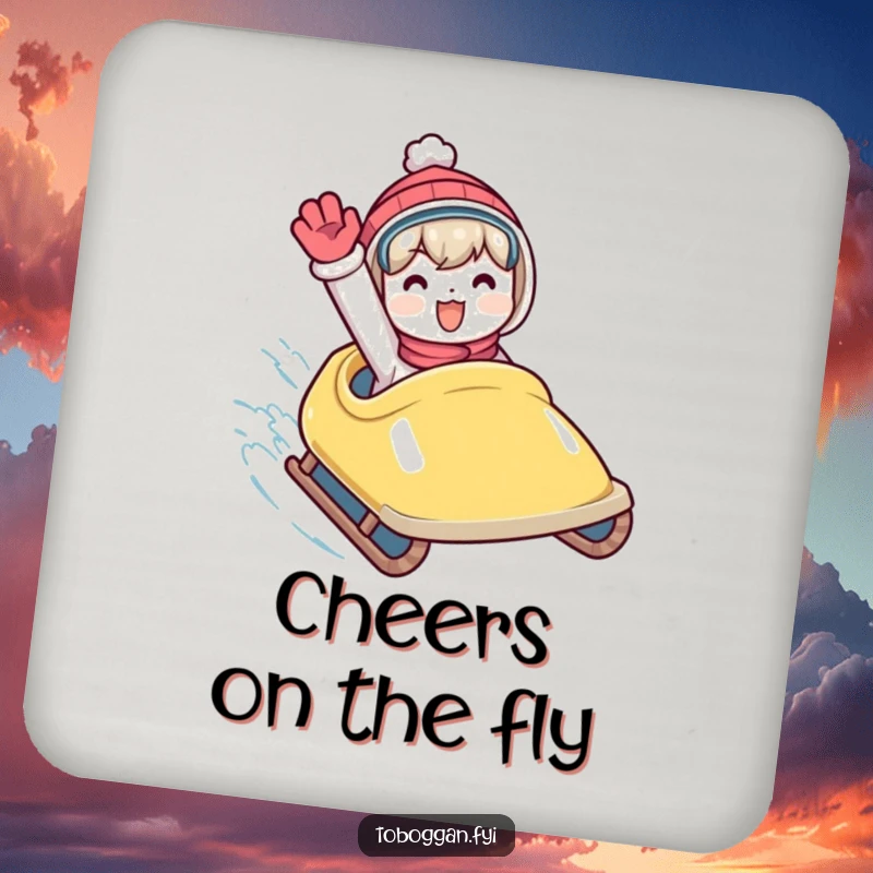 Funny drink coaster showing a character waving energetically from a speeding toboggan, a humorous table protector.