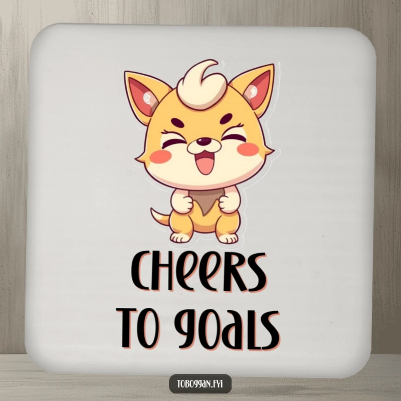 Funny determined character drink coaster, protecting surfaces with an excited character with a determined expression.