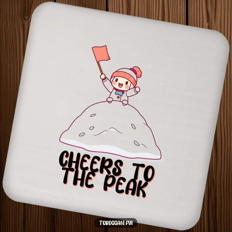 Funny drink coaster with a character holding a tiny flag, cheering from the top of a snowdrift, embodying cheerful victory.