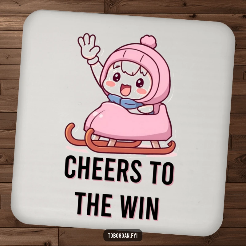 Funny coaster set showing a cute character triumphantly waving from a sled, adding a cheerful touch to any table.