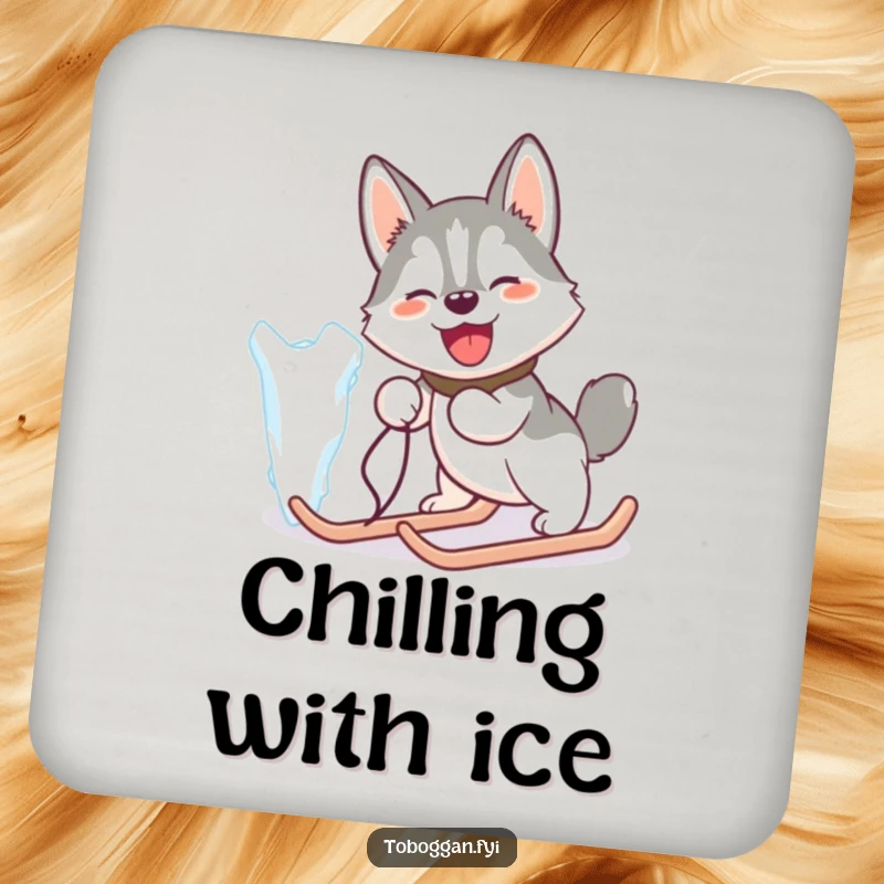 Funny coaster with a happy husky comically pulling a giant icicle like a sled, for humorous table protection.