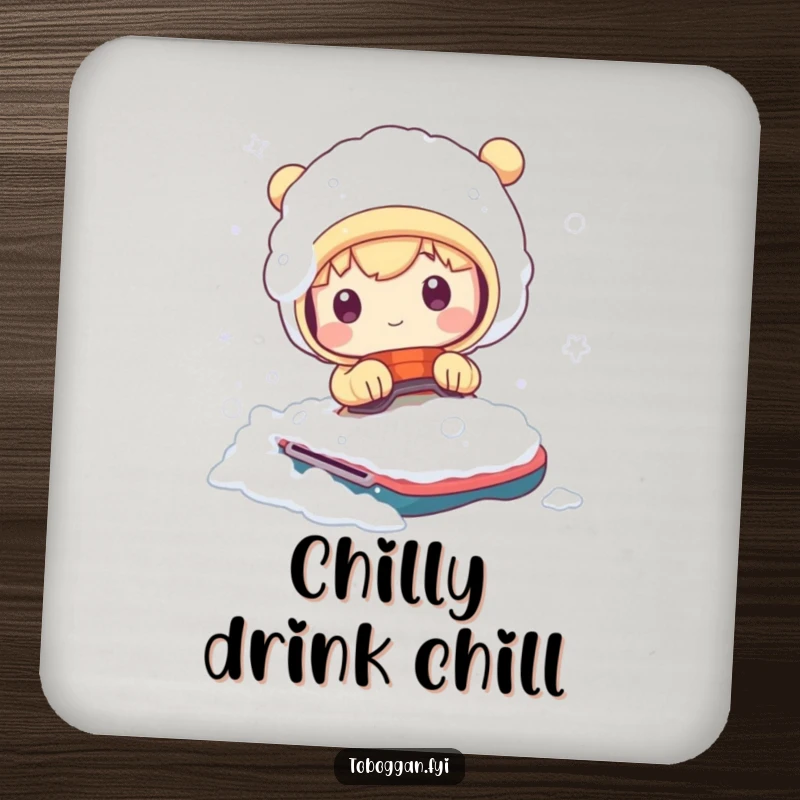 Funny drink coasters with a cute character comically covered in snow after a bumpy ride, adding humor to any beverage setting.