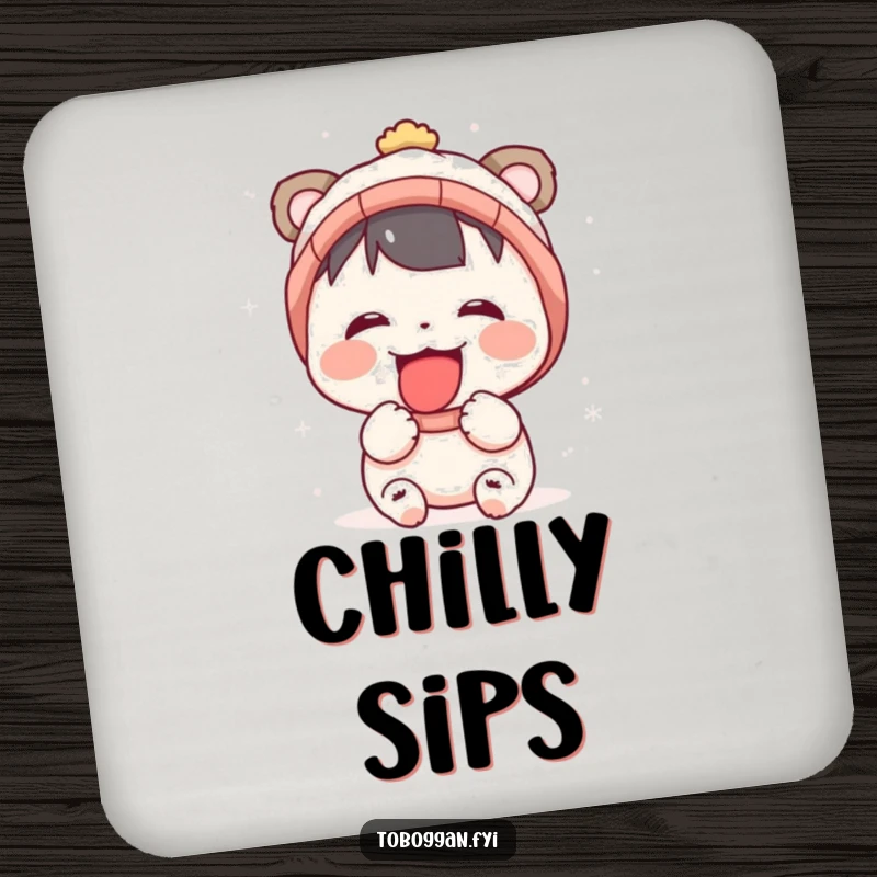 Funny drink coaster with a character happily catching snowflakes on its tongue, ideal for winter-themed tables.