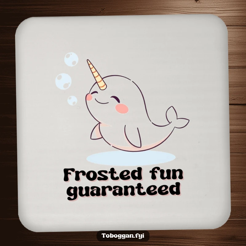 Funny narwhal coasters with a giggling character comically blowing snow bubbles, great for protecting furniture with humor.