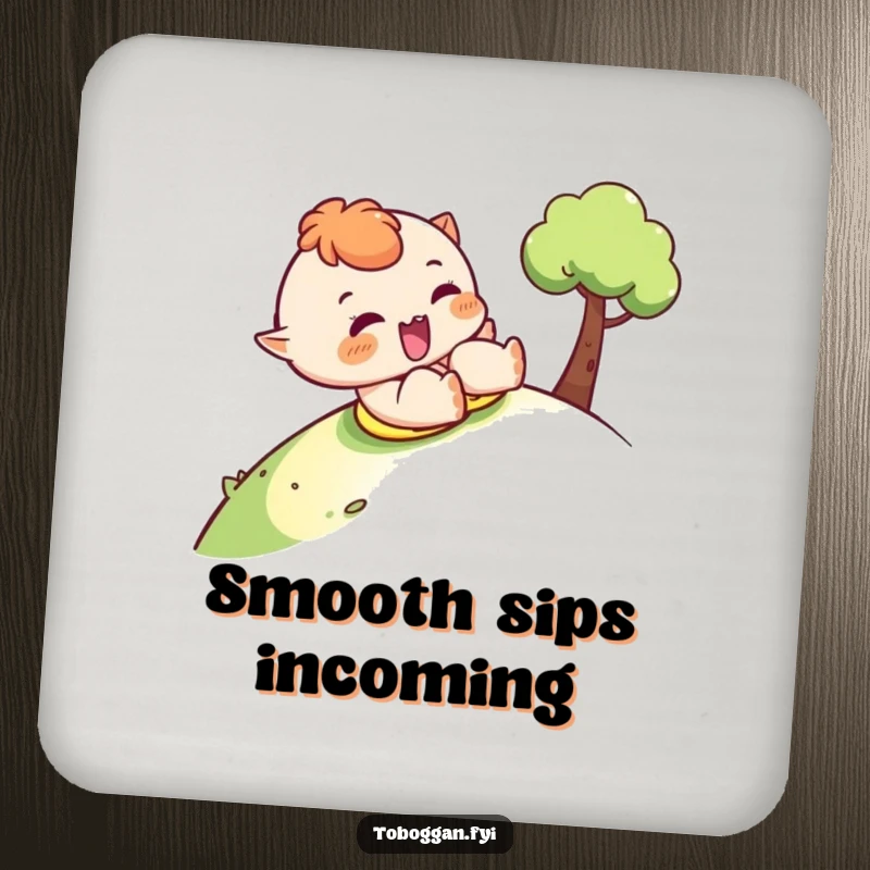 Funny sledding drink coaster showing a character sliding down a hill with a cheeky wink, adding playful charm.
