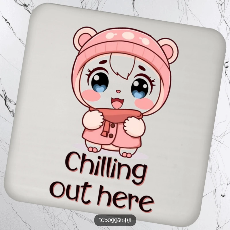 Funny coaster with a cartoon character showing wide eyes and puffed cheeks in the cold, adding a touch of winter humor.