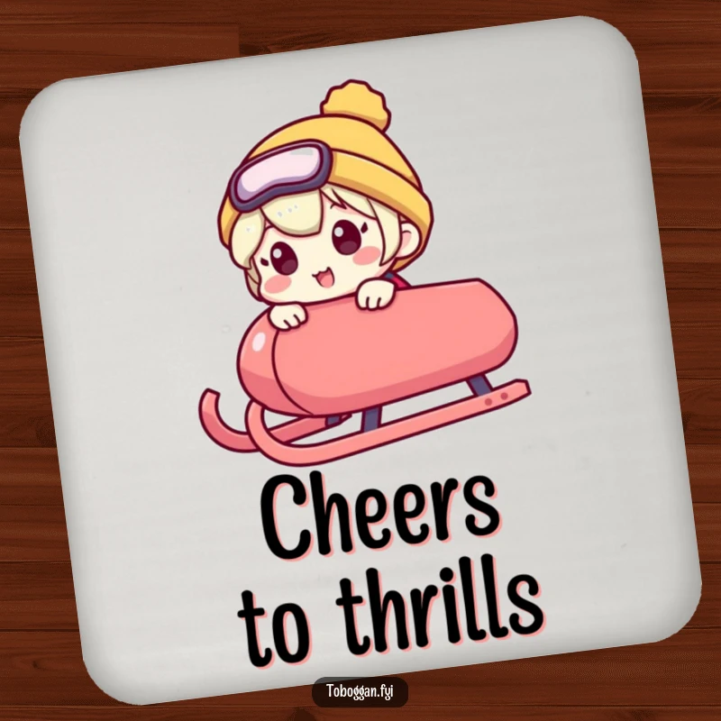 Funny coaster displays a character peeking over a sled's edge with excitement, bringing a humorous sense of anticipation and joy to any setting.