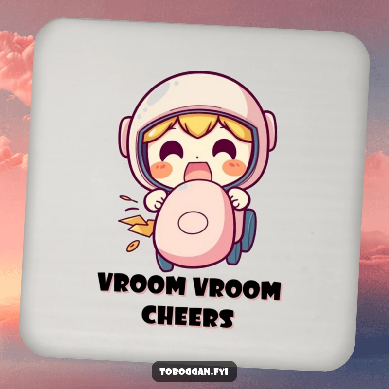Funny speeding drink coaster showing a character with a funny, excited face while speeding, adding energy.