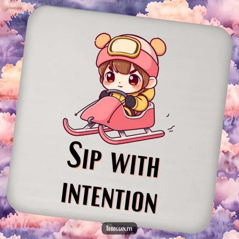 Funny character steering a sled with exaggerated concentration, a humorous and protective drink coaster for any table.