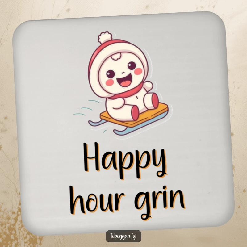 Funny drink coaster with a character showing a big grin while sliding on a sled, adding humor to drink protection.