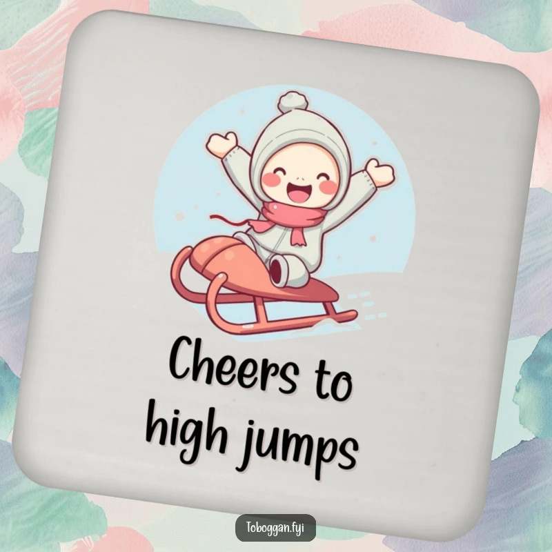 Funny drink coaster with a cute character with rosy cheeks joyfully jumping from a sled, adding humor to drink protection.