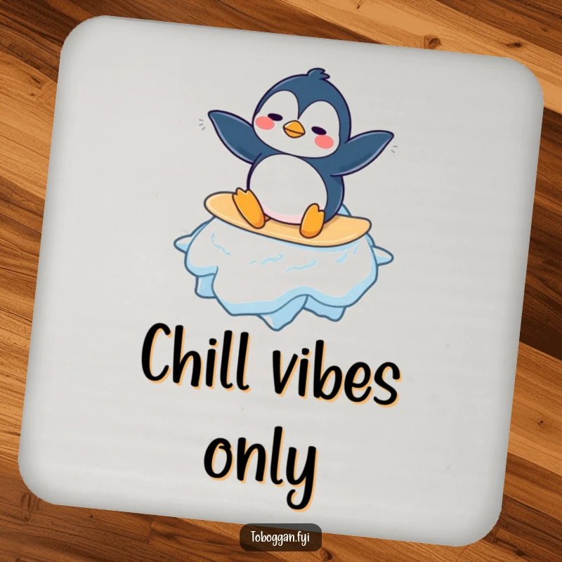 Funny Penguin Coaster: A confused penguin character is shown attempting to surf a giant snowflake, serving as a humorous and protective table accessory.