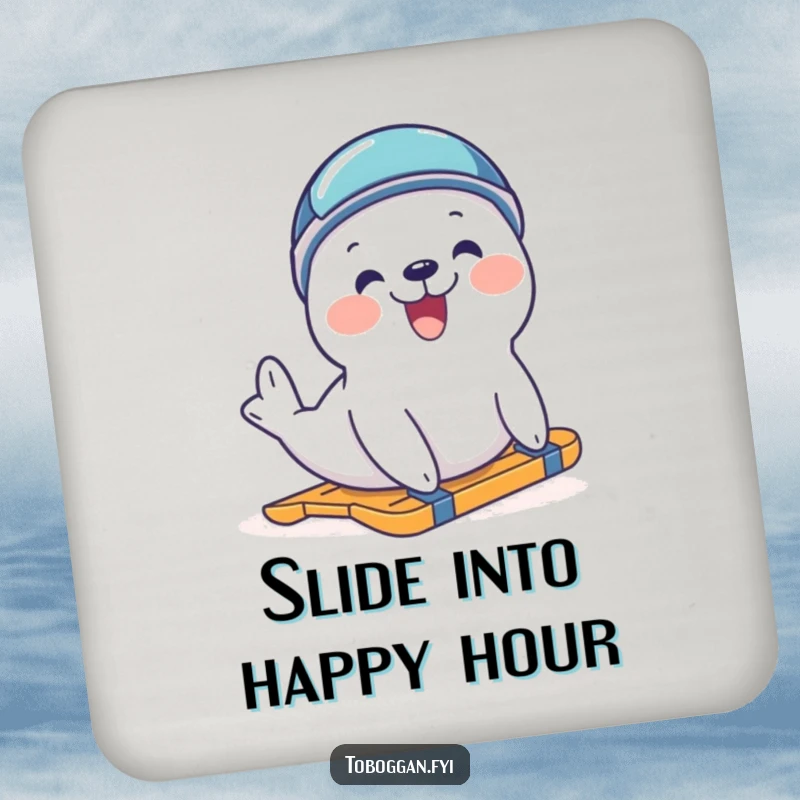 Funny delighted seal in a helmet trying to slide on a drink coaster, a cute and humorous accessory for tables.