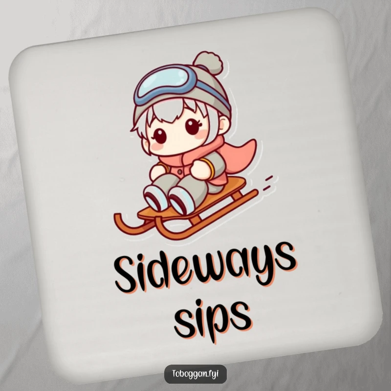 Funny drink coaster showing a character sliding sideways on a sled with a comical expression, adding humor to tabletops.