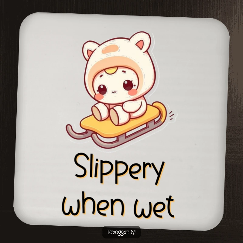 Funny drink coaster showing a character's comical face during a sideways sled slide, a humorous accessory.