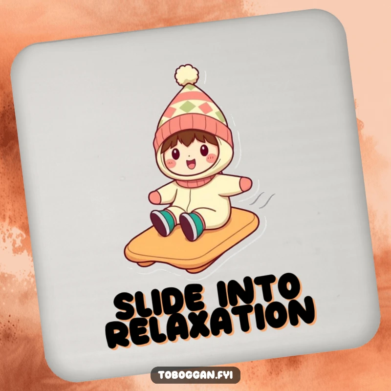 Funny coaster set depicting a character in a silly hat, enjoying a speedy toboggan ride down a snowy slope.