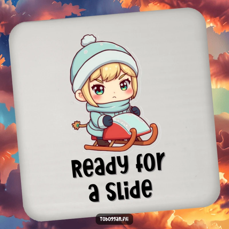 Funny drink coaster with a determined character holding a sled, perfect for winter-themed tables.