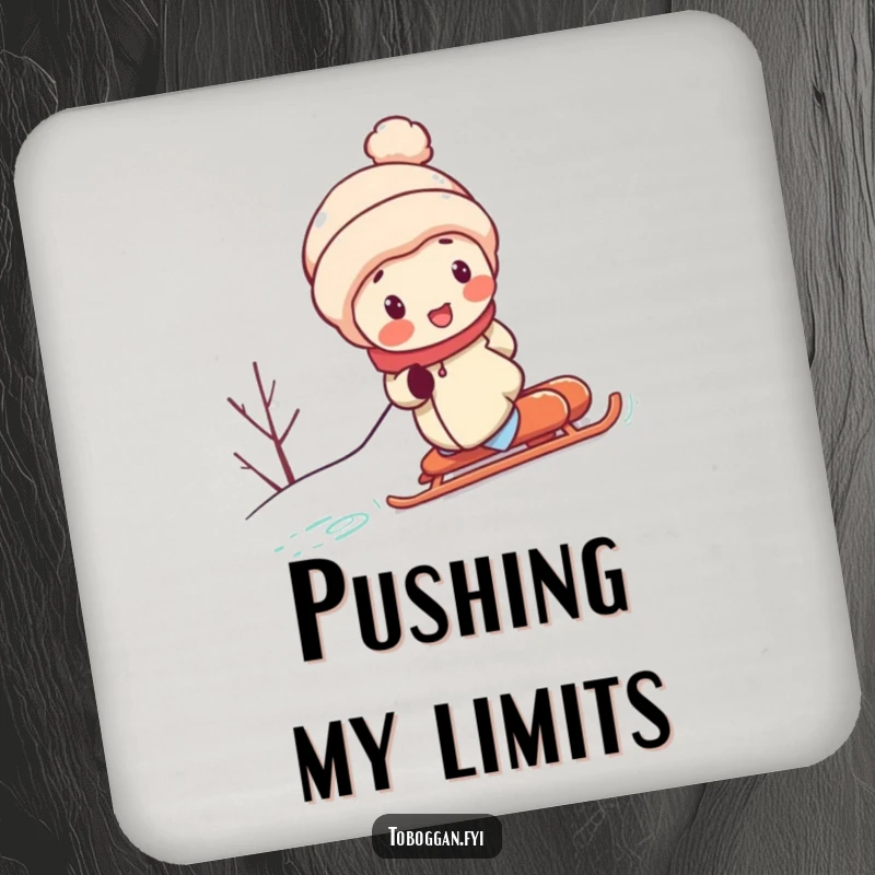 Funny coaster displays a character with rosy cheeks, putting in significant effort to push a sled up a snowy hill, a humorous winter scene.