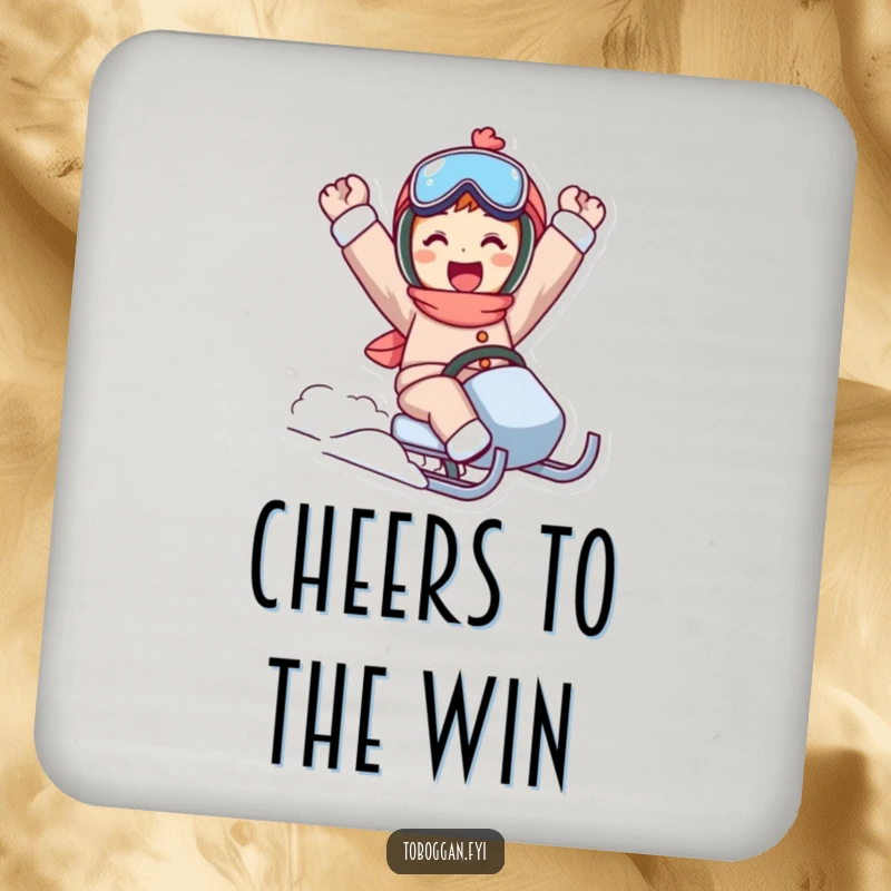 Funny sled ride drink coaster showing a character in a triumphant pose, a perfect addition for winter enthusiasts.