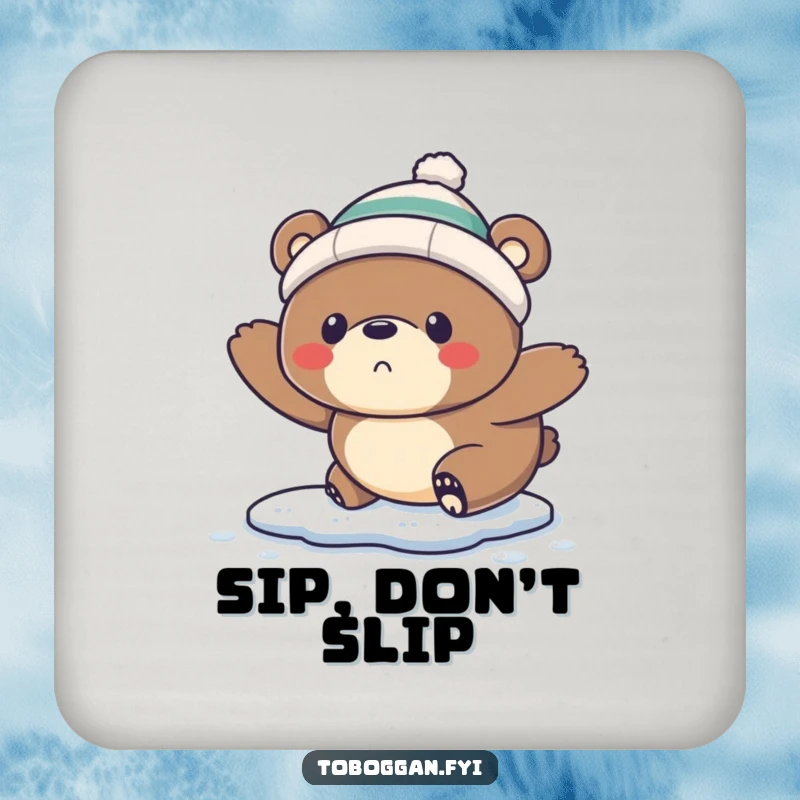 Funny Coasters: A startled bear wearing a tiny toque comically slips on ice, adding a humorous winter touch.