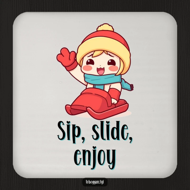 Funny drink coaster with a character excitedly waving a red toboggan, protecting surfaces with cheerful winter flair.