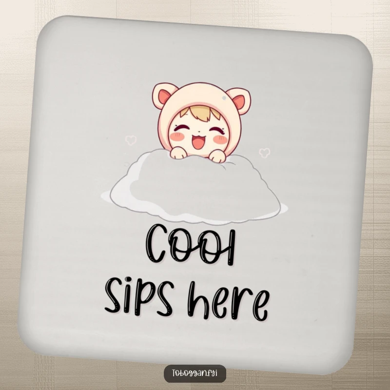 Funny drink coasters with a cute character joyfully emerging from a snow pile, adding humor to any beverage setting.