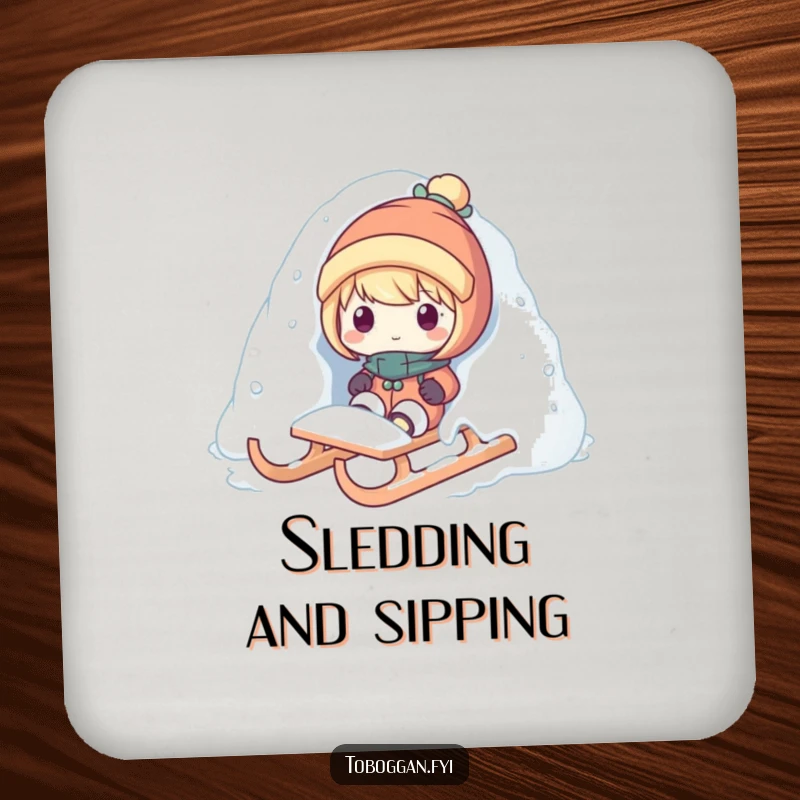 Funny snow surprise coaster with a character popping out from snow on a sled, protecting surfaces with winter cheer.