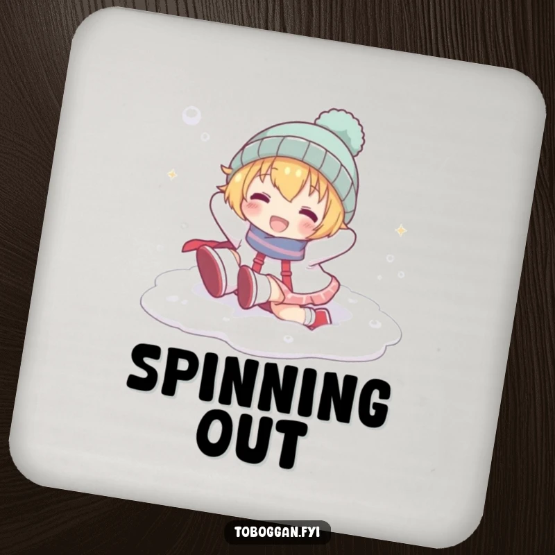 Funny coaster with a cartoon character playfully tumbling head over heels in snow, adding a touch of winter fun.