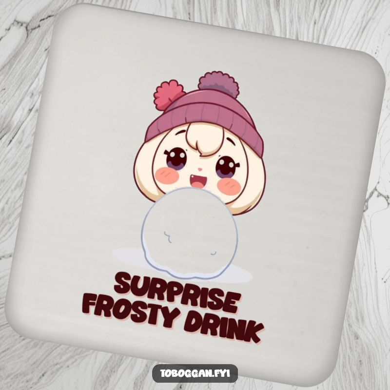 Funny drink coaster with a character showing a comically surprised expression upon seeing a snowball.