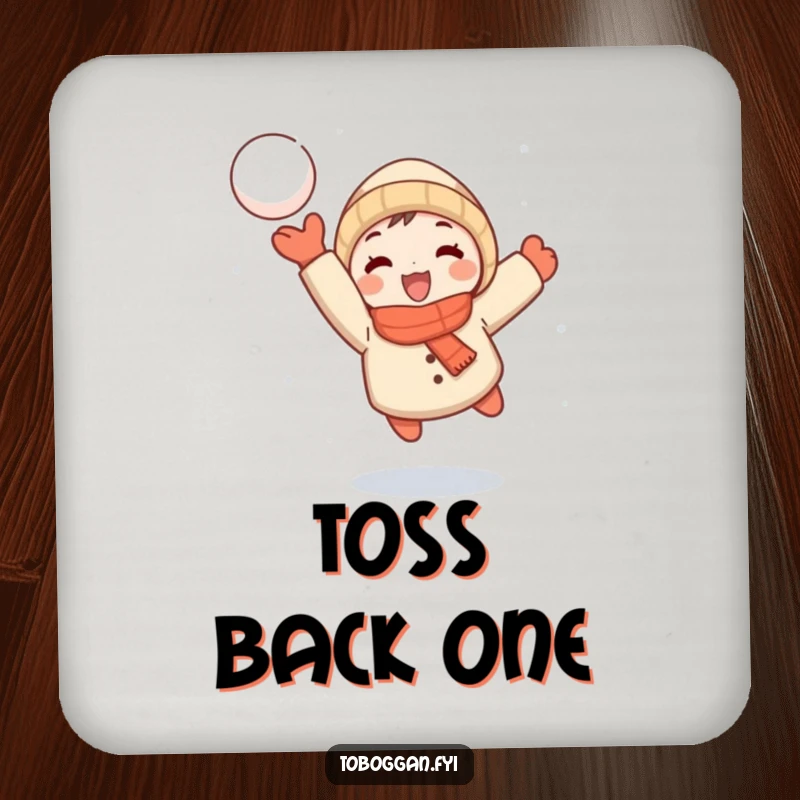 Funny coaster with a small cartoon character joyfully throwing a snowball mid-flight, adding playful winter decor to surfaces.