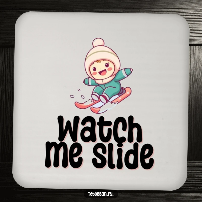 Funny Coaster: Cute character gleefully sledding down a snowy hill, protecting surfaces with a touch of winter humor and fun.
