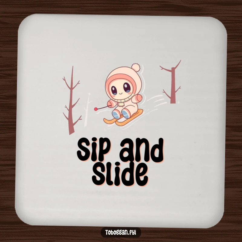 Funny Coaster showcasing a cute character with wide eyes, happily zipping down a snowy hill, a fun winter touch.