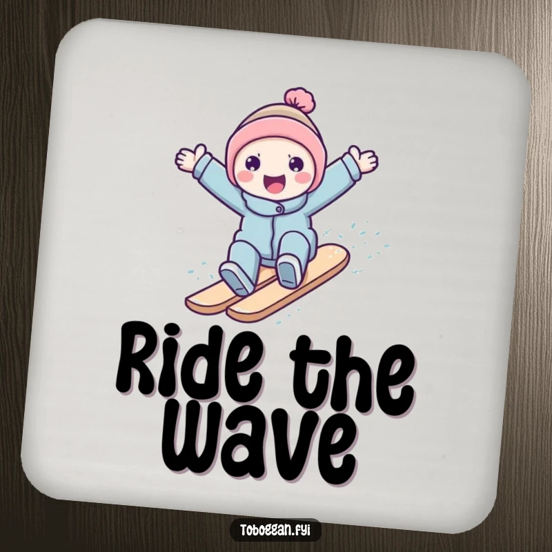 Funny character surfing down a snowy slope on decorative drink coasters, adding winter flair to tabletops.