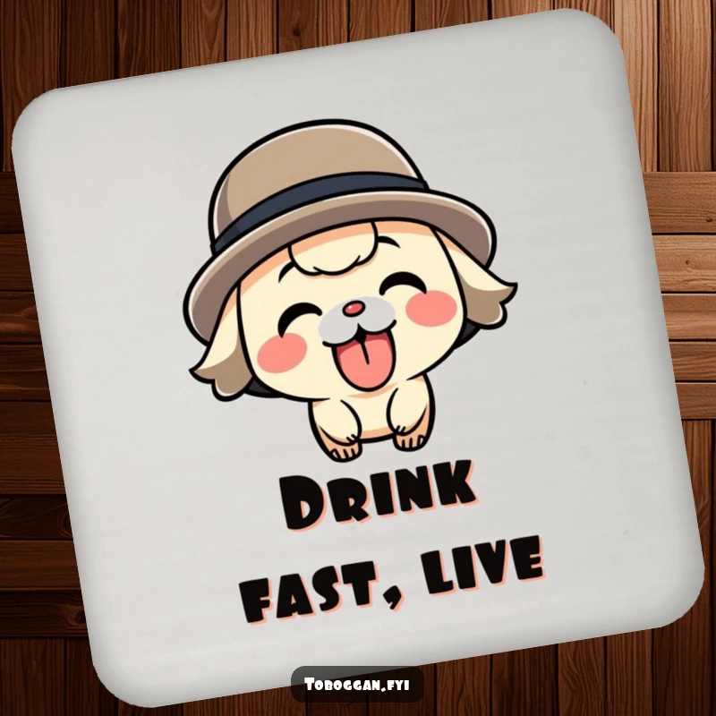 Funny speeding character drink coaster, protecting surfaces with a playful character sticking its tongue out while speeding.