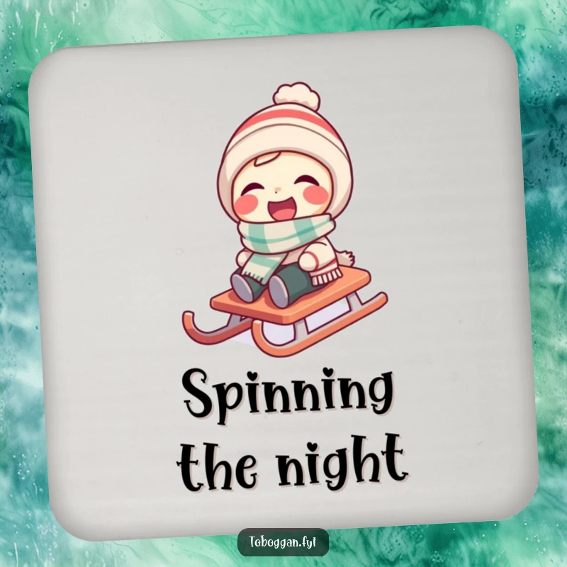 Funny character wearing a tiny scarf laughs as their sled spins on a drink coaster.