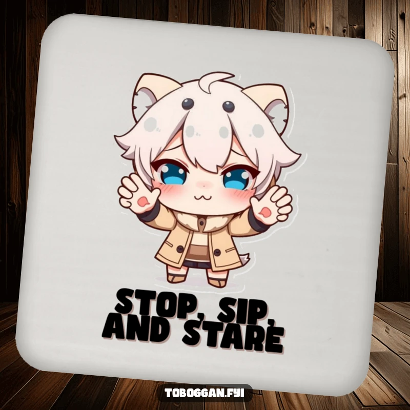 Funny drink coaster with a character making a funny face while trying to stop, protecting surfaces with humorous flair.