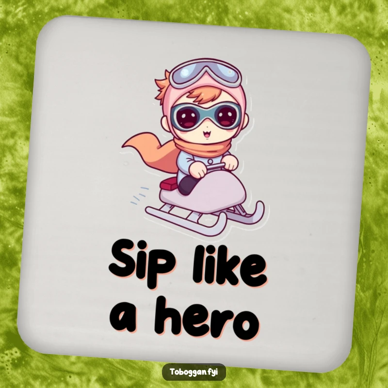 Funny drink coasters with a cute character in a superhero stance on a sled, adding action-packed humor to any setting.