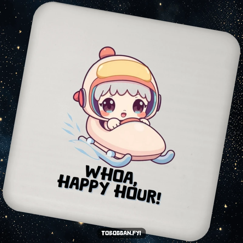 Funny drink coaster showing a character's shocked face on a fast sled, adding a humorous touch to tabletops.