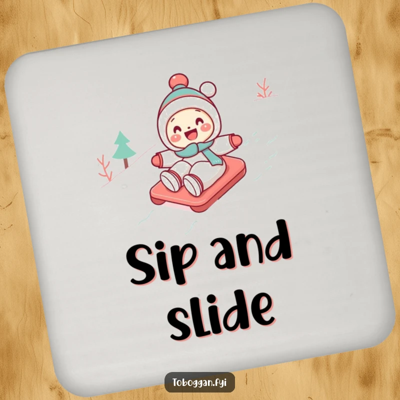 Funny Toboggan Coaster: A cute character gleefully toboggans down a snowy slope, protecting surfaces with humor and charm.