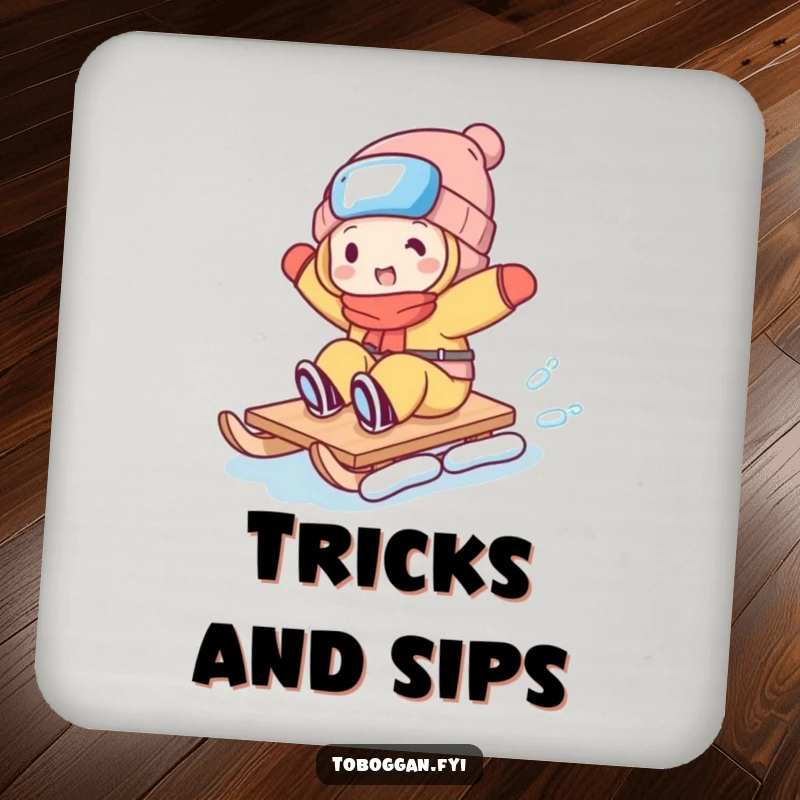 Funny drink coaster illustrating a character performing a silly toboggan trick, adding humor to any surface.