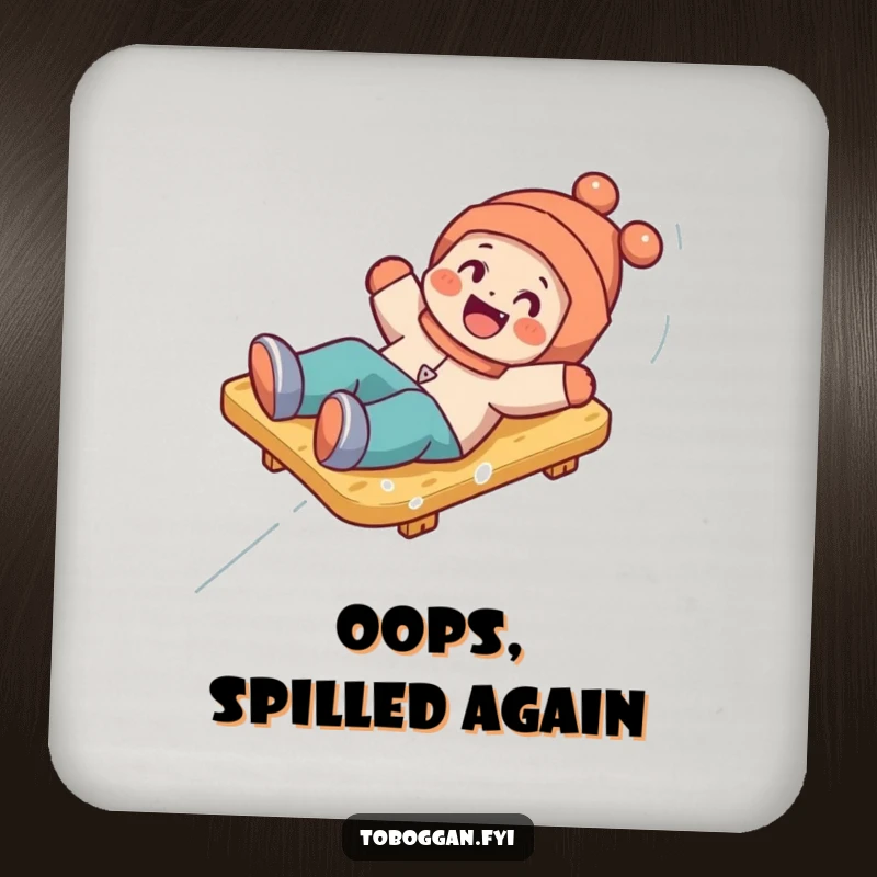 Funny drink coaster with a happy character comically tumbling playfully off a toboggan, adding humor to drink protection.