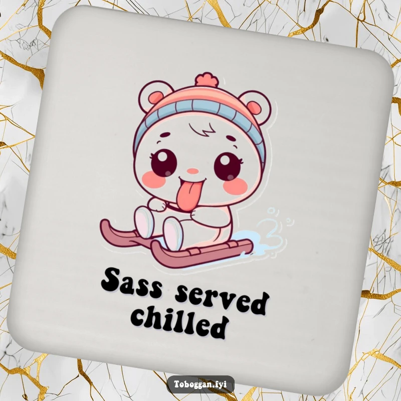 Funny coasters with a playful character sticking its tongue out while sledding, protecting surfaces with humor funny gift.