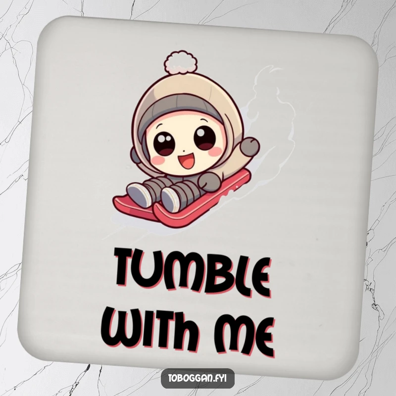 Funny character with wide, happy eyes hilariously tumbling down a sledding slope on a drink coaster.