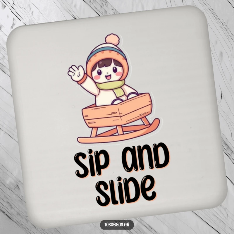 Funny waving toboggan character drink coaster, protecting surfaces with a cheerful character waving from a toboggan.