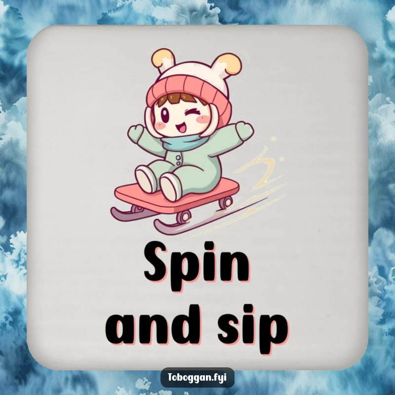 Funny drink coaster with a character winking playfully while spinning wildly on a toboggan, depicting exhilarating motion and winter fun.