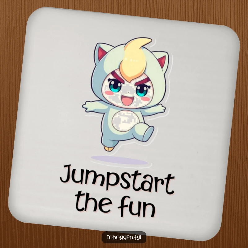 Funny drink coaster with a character in a determined, playful jump, protecting surfaces with energetic and humorous flair.