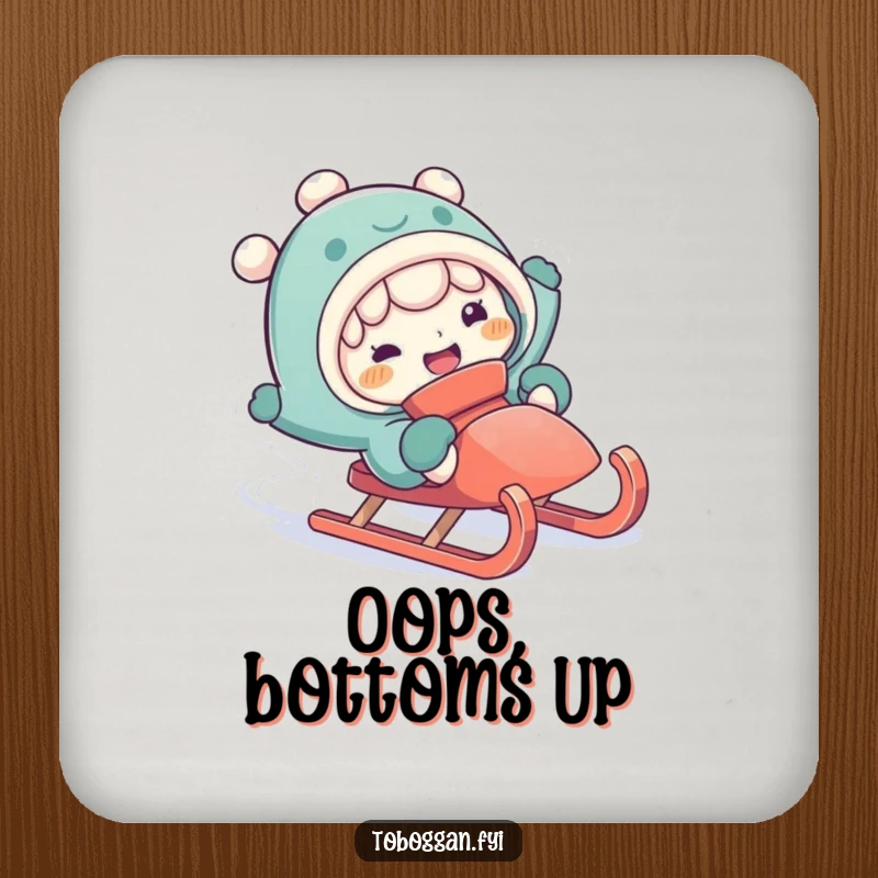 Funny falling off sled drink coaster showing a character with a silly expression during a comical fall.