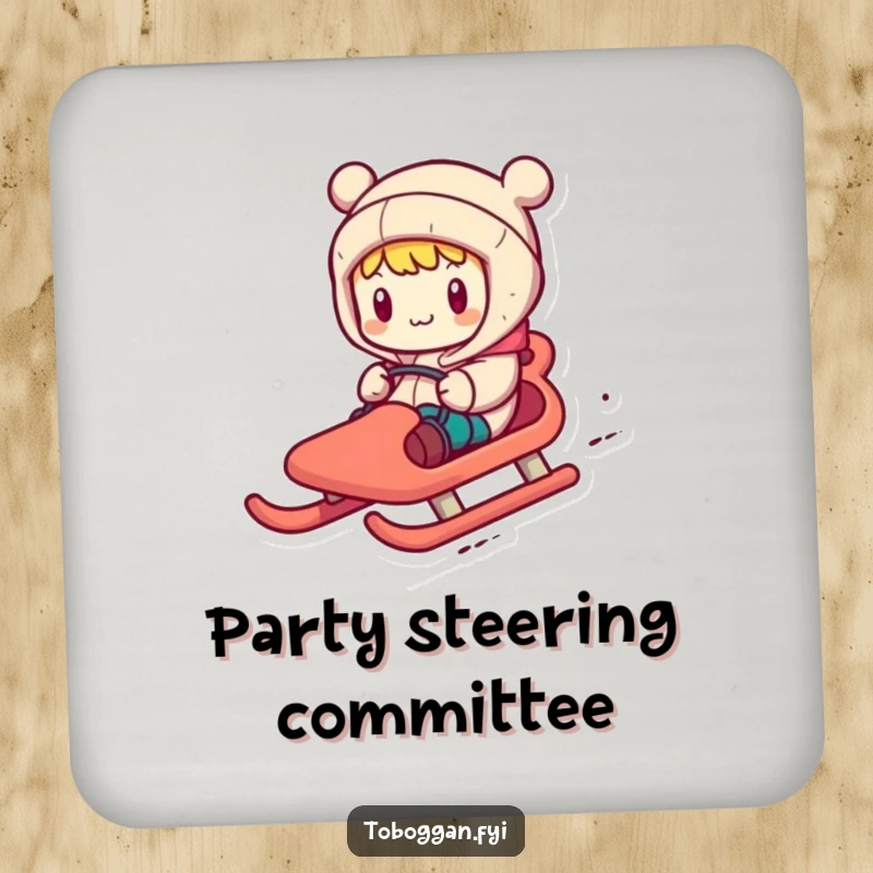 Funny drink coaster with a character comically steering a toboggan with exaggerated motions, adding humor to drink protection.