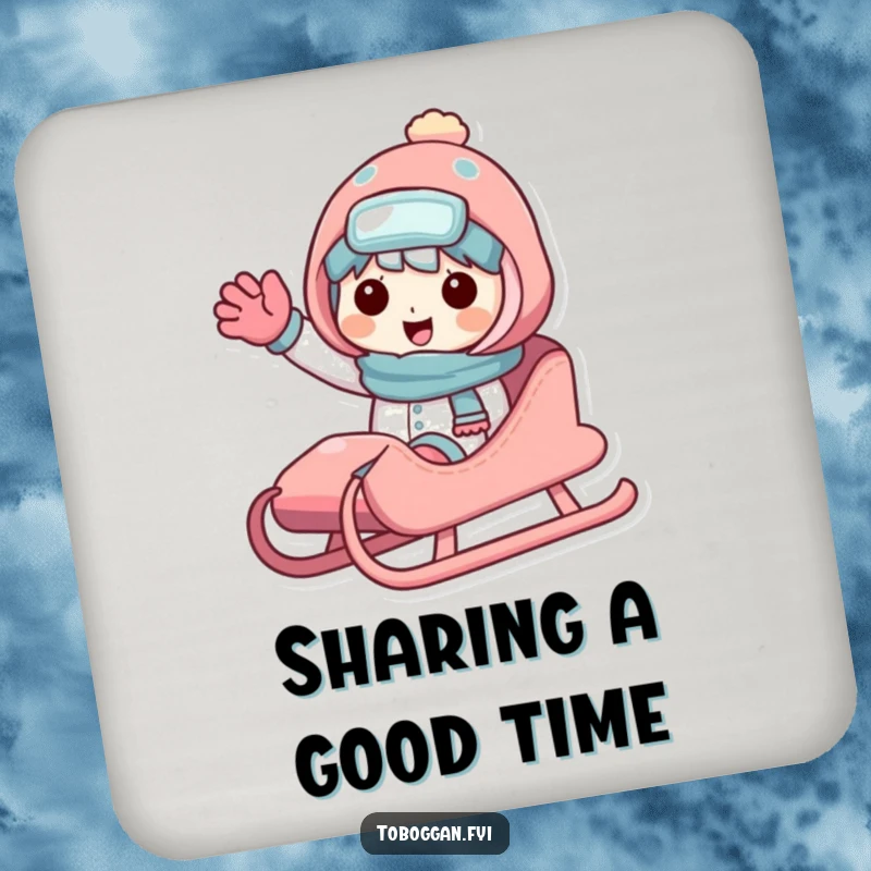 Funny sledding character coaster with a friendly character sharing a sled and waving, protecting surfaces with winter cheer.