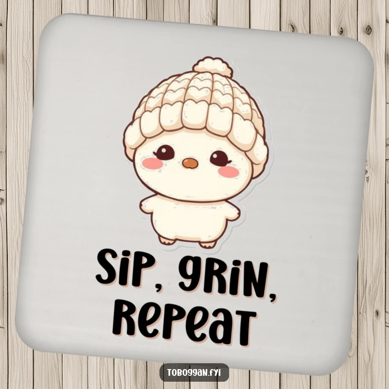 Funny drink coaster featuring a character with a tiny wool hat and a mischievous grin, protecting surfaces with playful charm.